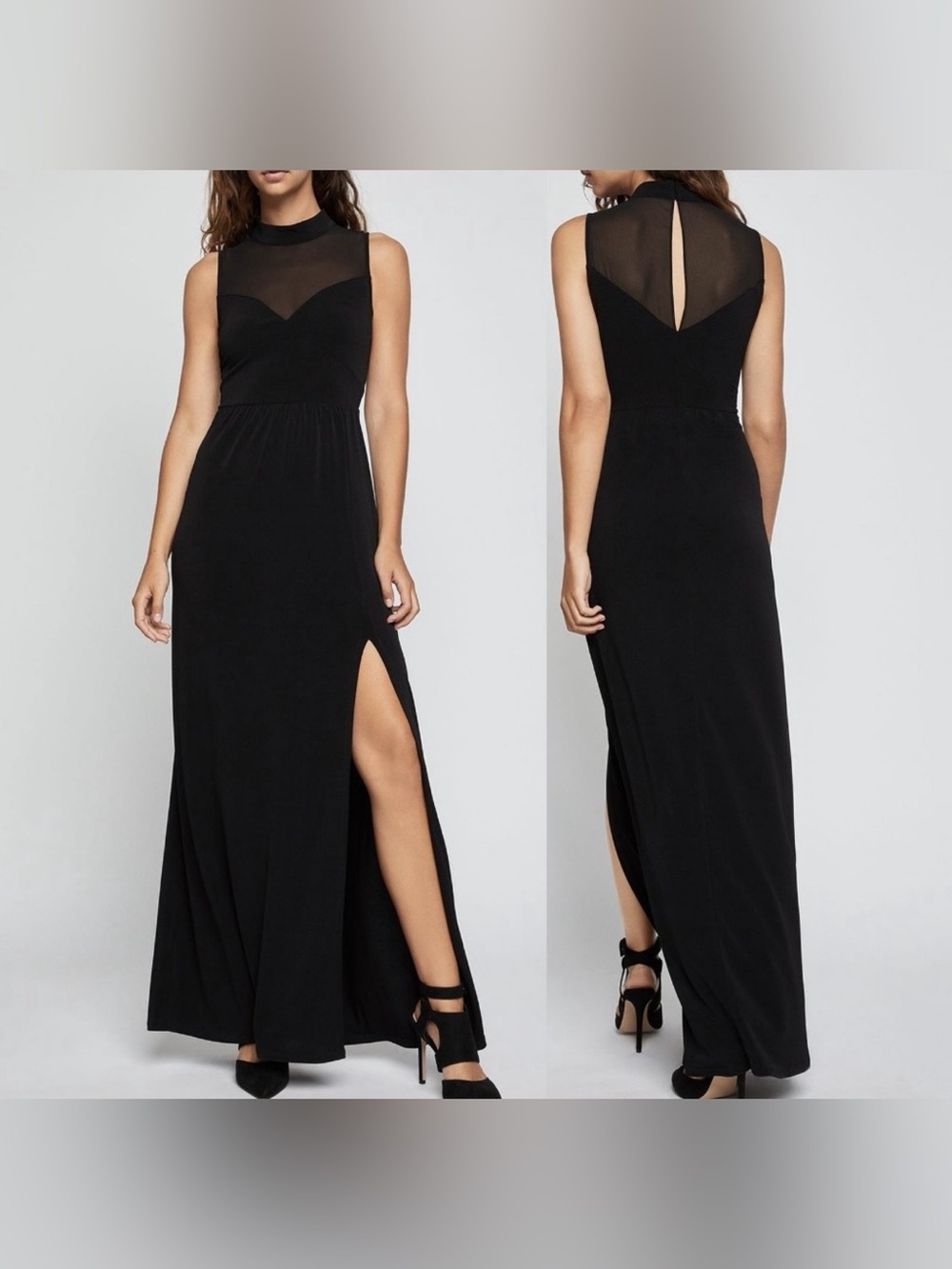 New BCBGeneration Sheer Insert Maxi Mock Neck Dress Gown XXS Black Slit Formal